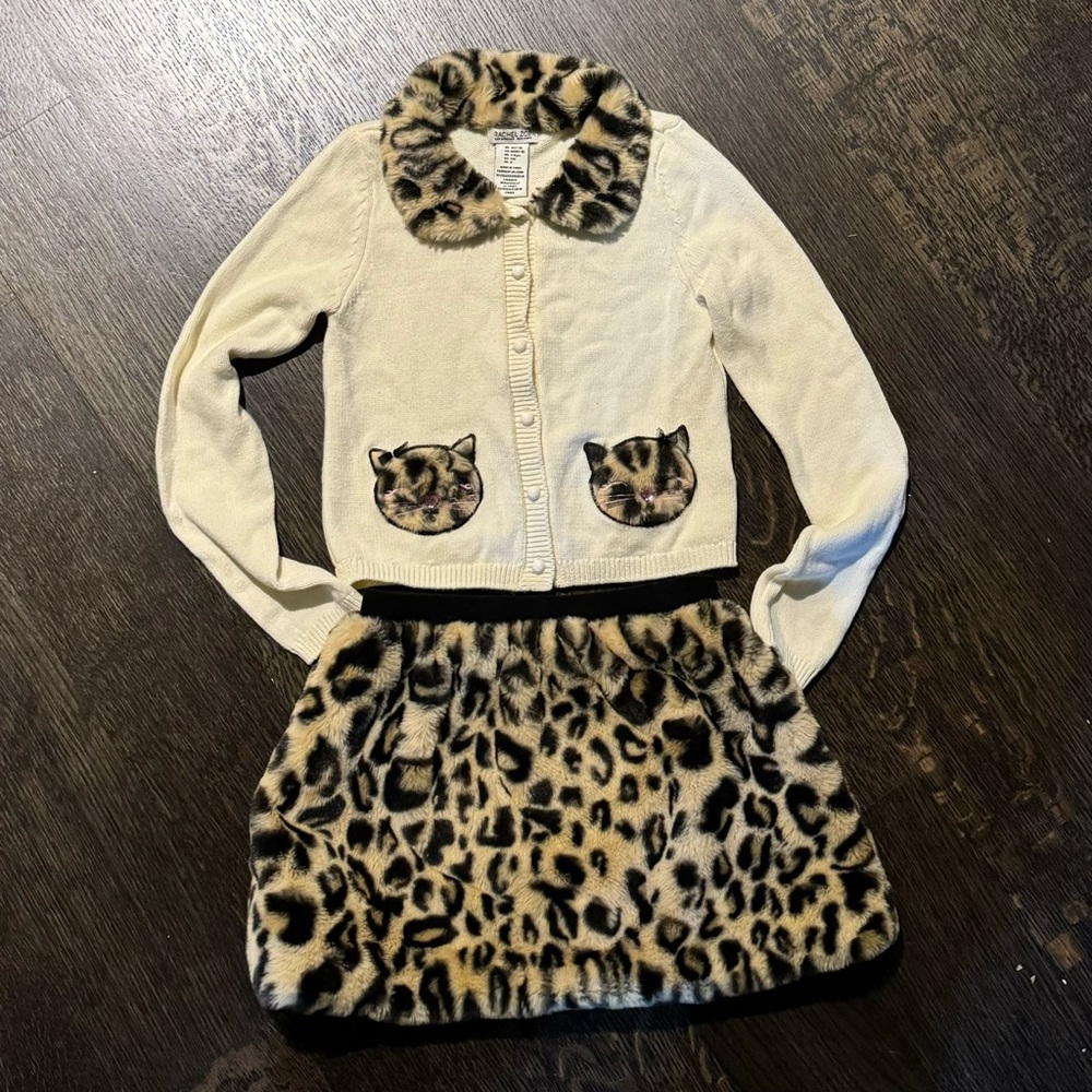 Rachel Zoe Girls Size 7/8 Furry Leopard Cat Skirt & Sweater Set